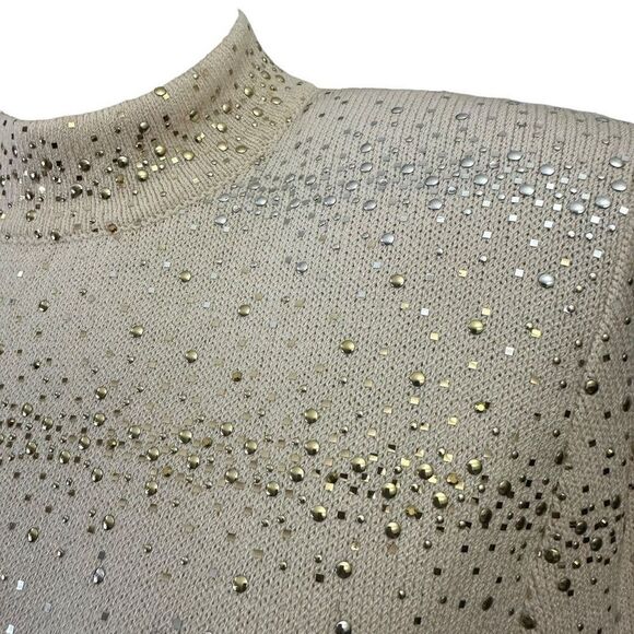 St. John Evening Embellished‎ Gold Silver Cream Mock Neck Sweater Size M Vintage - Picture 6 of 11